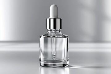 Naklejka premium A clear glass dropper bottle filled with transparent serum on a reflective, minimalist background.
