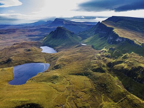 Aerial of the rugged mountain landscape of the Quiraing, Isle of Skye, Scotland, UK