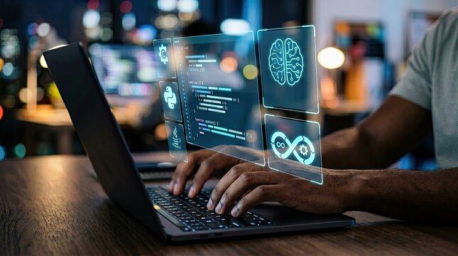 Man Coding on Laptop with Futuristic Holographic Interface Showcasing AI, Programming, and DevOps Concepts in a Modern Digital Environment
