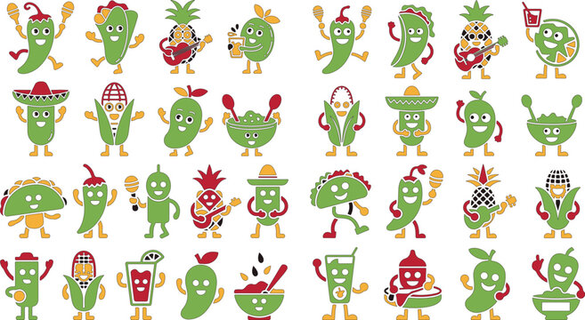 Collection of cartoon vegetables and fruits in various fun poses and outfits on white background