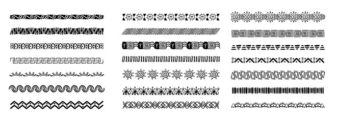 Obraz premium Borders in Ethnic Style. Aztec dividers, hand drawn tribal ornament. Hand drawn motive, doodle decoration. Boho stroke, scandinavian traditional native decor.