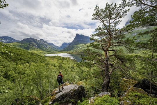 Young man standing on rocks, Innerdalen high valley with lake Innerdalsvatna, mountains, right Innerdalst&aring;rnet, Trollheimen, Sunndal, M&oslash;re og Romsdal, Vestlandet, Norway