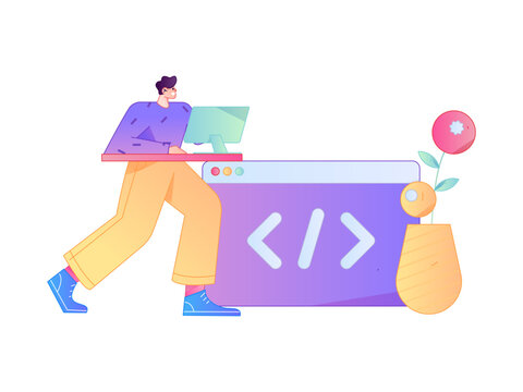 Programming teaching development flat character vector concept operation hand drawn illustration
