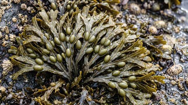 Close-up of Fucus vesiculosus seaweed with bladders on a rocky shore.