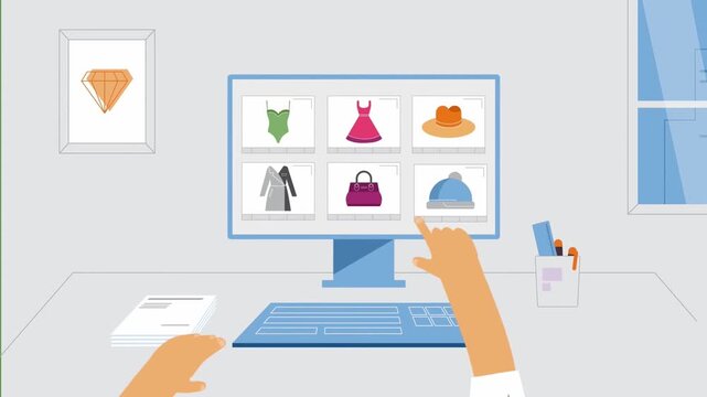 2D Animated Close Up View of Hand Pointing and Choosing Clothes Apparels on E-commerce Online Shopping Website Computer Interface UI Screen