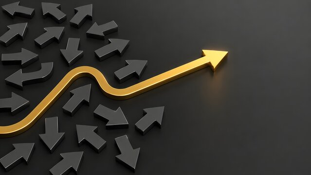 Golden arrow moving forward against a crowd of opposing dark arrows, symbolizing leadership, unique strategy, and competitive advantage