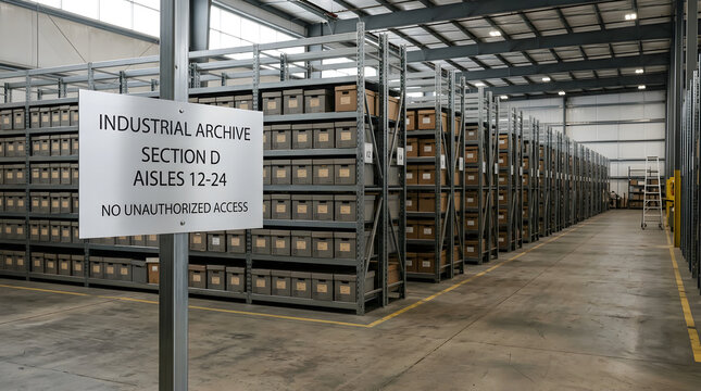 Industrial archive section D storage warehouse signpost with tall metal shelves full of document boxes