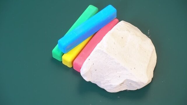 natural pieces of chalk, mineral stones and multicolored school chalk on green chalkboard background, concept, top view, rotation