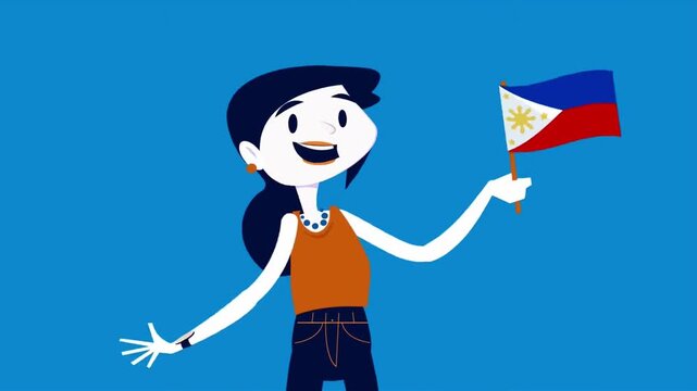 2D Animated Happy Cartoon Girl Character Waving the National Flag of Philippines over Blue Background, National Pride Independence Video