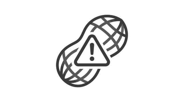 A black and white line art icon of a peanut with a warning triangle symbol.