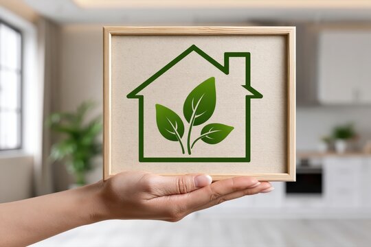 Hand holding a framed eco-friendly house symbol with green leaves, representing sustainability and green living.