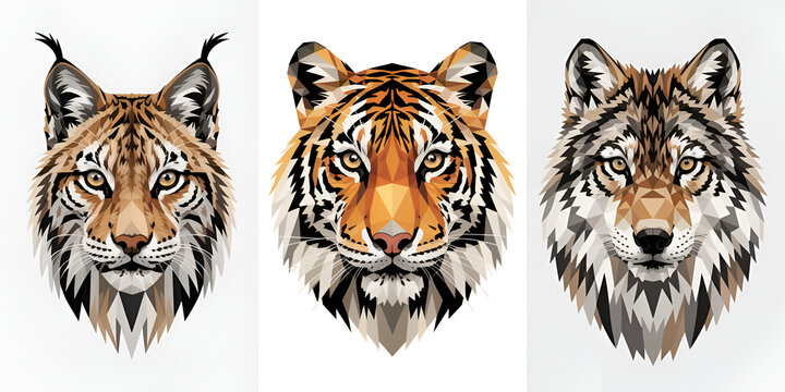 Lynx tiger and wolf heads in geometric polygon style with bright natural lighting