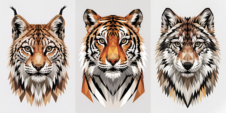 Lynx tiger and wolf heads in geometric low poly style with natural lighting