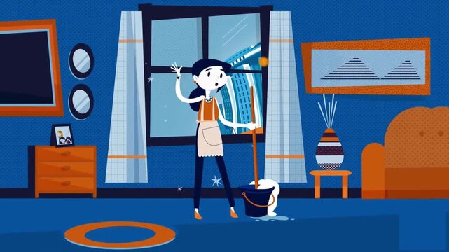 2D Animated Professional Janitor Cleaner Character Mopping House Floor in Cozy Living Room Interior Background, Commercial Cleaning Service
