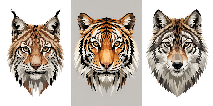 Lynx tiger and wolf heads in low poly style with neutral backgrounds