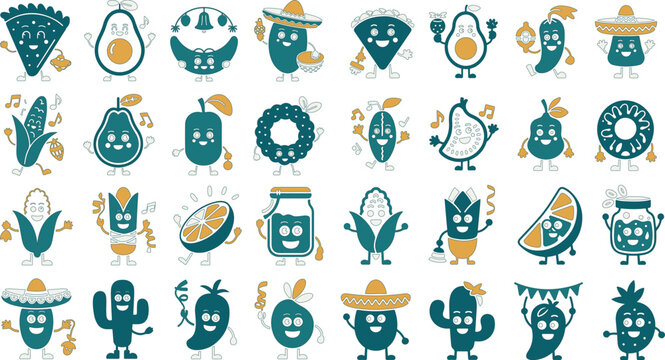 Collection of cute cartoon food and plant characters smiling and dancing on white background