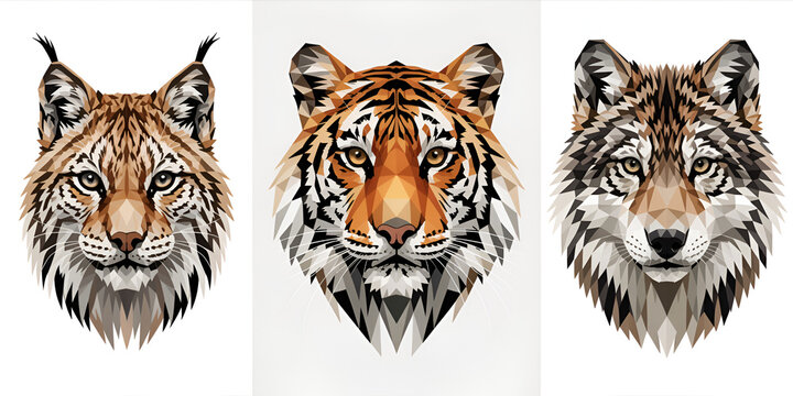 Lynx tiger wolf heads in geometric low poly style during bright studio lighting