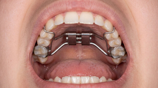 Close-up of an open mouth showing natural teeth and a metal orthodontic appliance with wires attached to molars