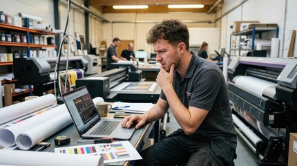 Fototapeta premium A man is intently working on a laptop at a desk in a print shop.