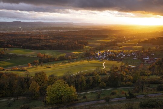 Sunset &mdash; dramatic autumn atmosphere at Hohenstaufen, Spielburg Nature Reserve, G&ouml;ppingen, Baden-W&uuml;rttemberg, Germany