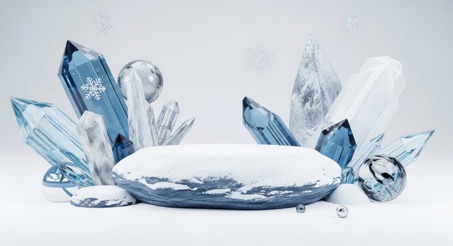 A blue crystal pedestal displays a collection of shimmering, icy blue crystals and spheres against a snowy, white background.