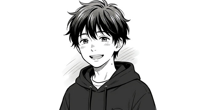 Anime boy with dark hair wearing hoodie standing in side profile smiling