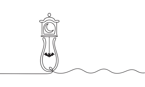 Continuous single line of a vintage grandfather clock with a crescent moon face and a hanging bat silhouette, isolated on a white background, minimalist halloween