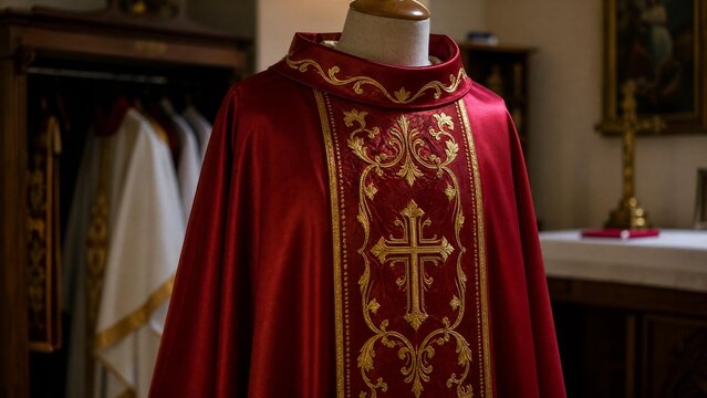 A deep red silk vestment with gold embroidery in a quiet church room.