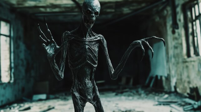 Terrifying emaciated humanoid creature in an abandoned building. Scary monster with long claws in a dark, derelict interior. Horror concept