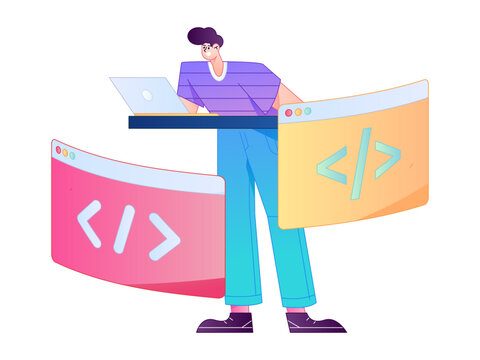 Programming teaching development flat character vector concept operation hand drawn illustration

