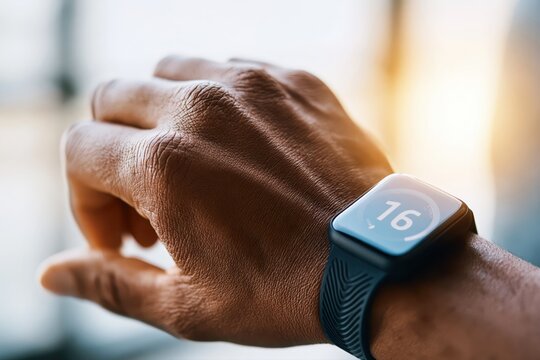 Close-up of a person's hand wearing a modern smartwatch displaying the number 16.