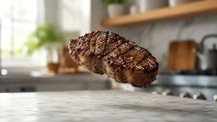 Fototapeta premium A perfectly grilled steak levitating above a kitchen countertop, showcasing its juicy texture and mouth-watering grill marks.