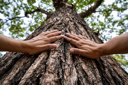 Close-up of two hands gently touching the rough bark of a large, ancient tree trunk, looking up.