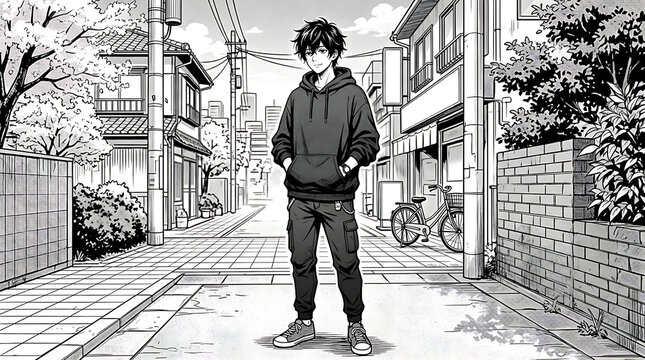 Anime boy standing in hero pose on city street with buildings