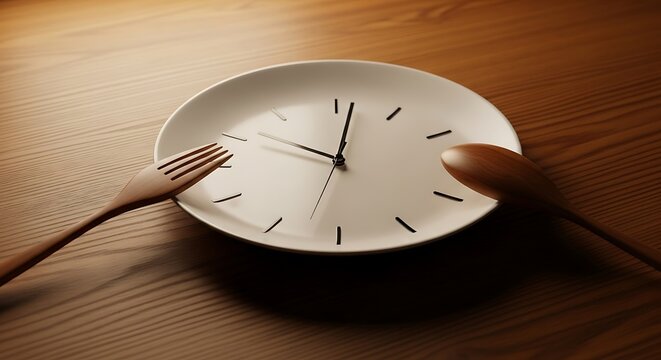 Clock Plate with Fork and Spoon on Wooden Table.
