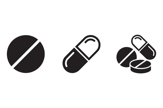 Black medical pill and capsule icons set
