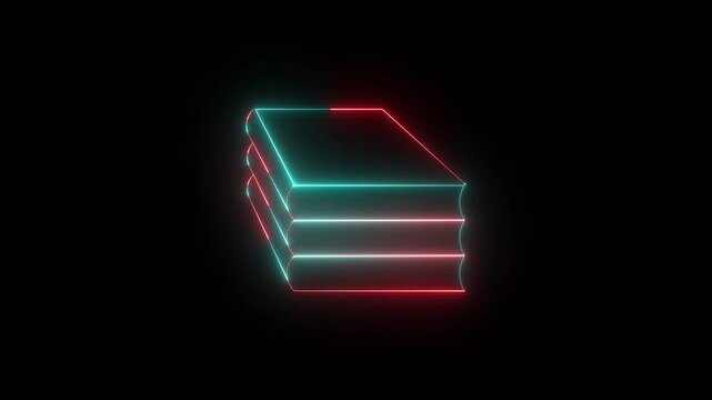 Futuristic neonlit stack of books with glowing outlines on black background