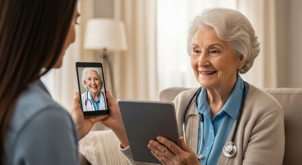 Obraz premium Elderly doctor with kind eyes conducting a telemedicine consultation with a patient on a tablet