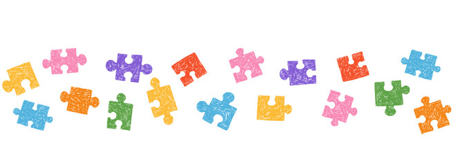 Naklejka premium Puzzle pieces doodle crayon scribble border. Jigsaw puzzle pieces hand drawn. Children book, educational material, poster, sticker, print, playful kids design elements