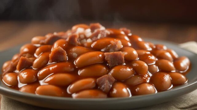 Delicious Steaming Baked Beans with Bacon and Onion Garnish Served on a Plate