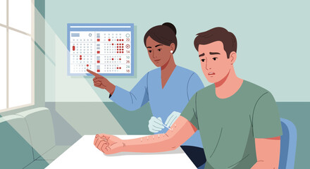 Fototapeta premium Doctor consulting patient about skin allergy test on arm with calendar chart