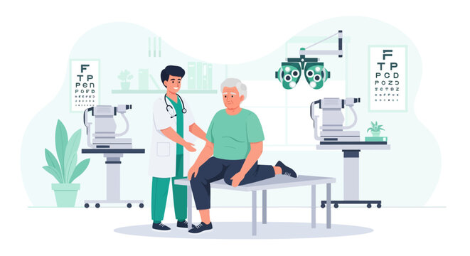 Doctor examining elderly patients eyes in clinic.