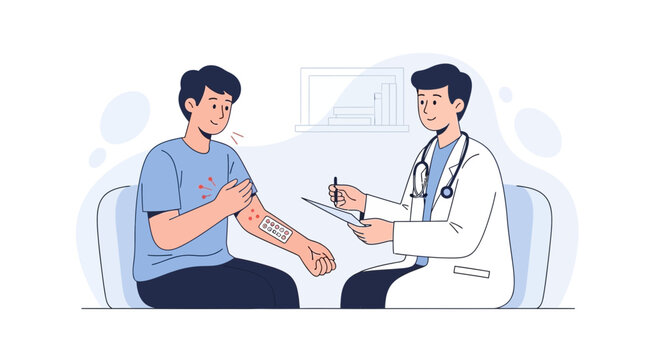 Doctor examines patient's arm with patch for allergy test, illustration