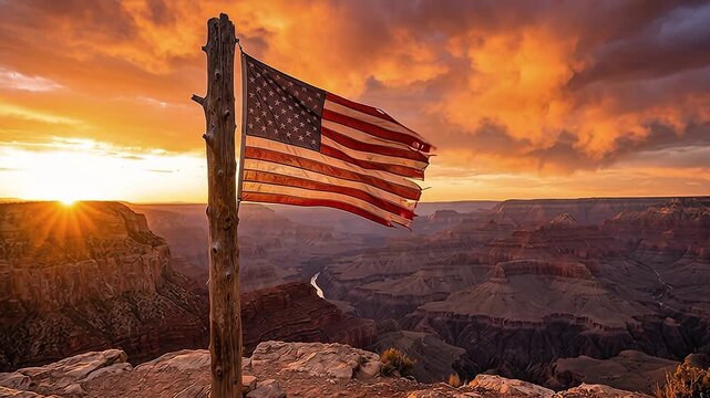 American flag waving on a rustic wooden pole at dramatic sunset over the Grand Canyon with golden clouds and river gorge below