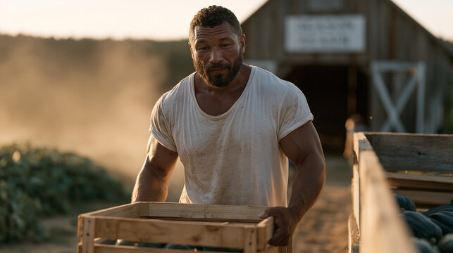 Farmer hauling heirloom squash crates from a field to a truck bed in late summer harvest prep, brow sweaty, dust rising from the lane, barn in background with season signage,