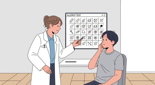 Doctor explains allergy test results to patient, skin prick test grid with marked allergens