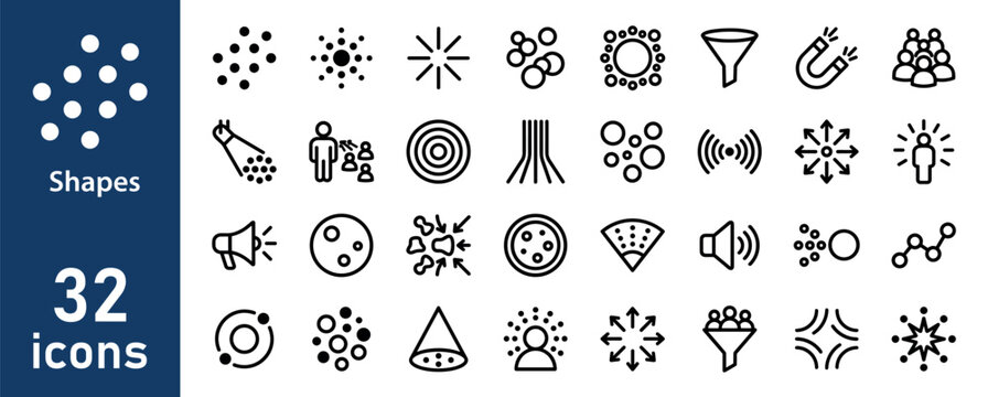 Shapes and abstract concepts icons set. Outline vector symbols for geometry, patterns, and dynamic elements.