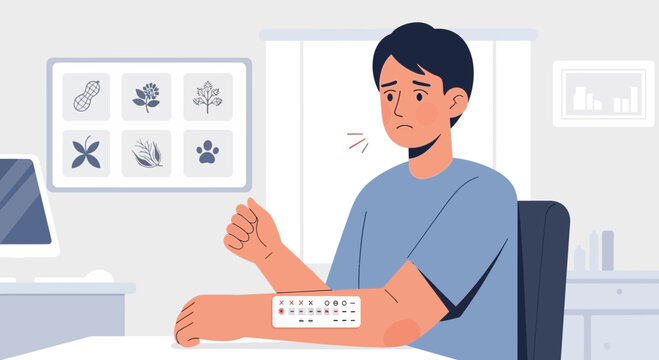 Man with allergy testing patch on arm at desk