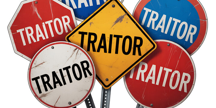 Multiple warning signs with 'TRAITOR' text in varied shapes and colors against a plain background symbolizing betrayal and disloyalty