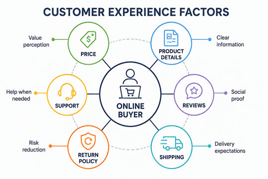 A diagram illustrates various customer experience factors influencing an online buyer, including price, support, return policy, product details, reviews, shipping, and value perception.